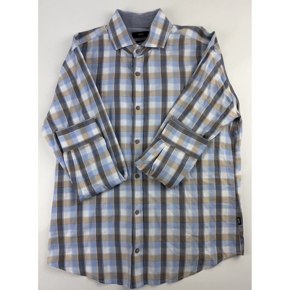 Hugo Boss Slim Fit Plaid Button Up Shirt Men's Large Blue Tan Long‎ Sleeve